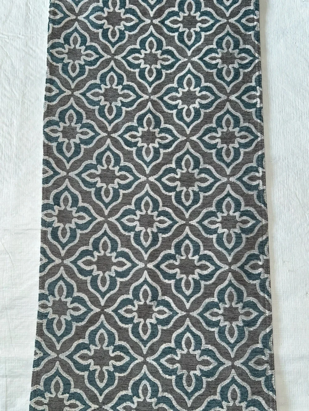 Table Runner. Teal and Gray Geometric Medallion. Lined. 13-1/2” x 70”. VGUC.